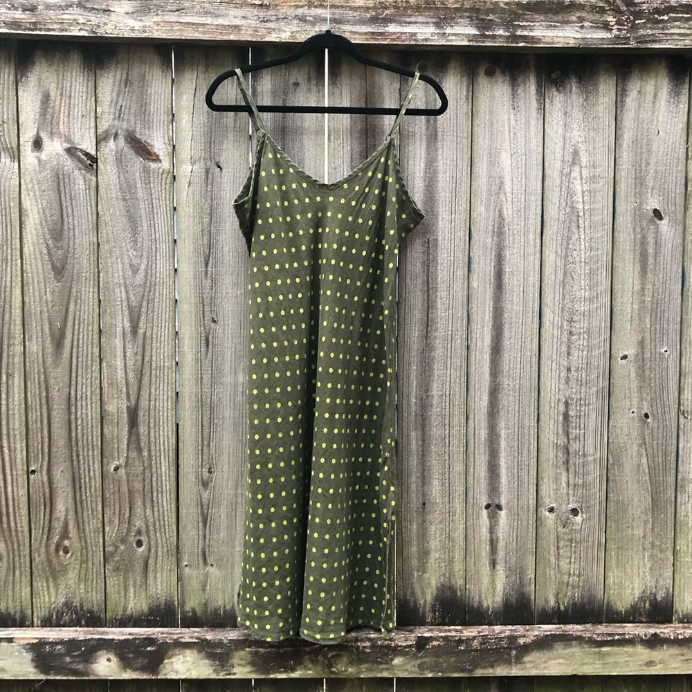 Flax Green Polka Dot Linen Midi Dress Sleeveless Size M Bias Cut